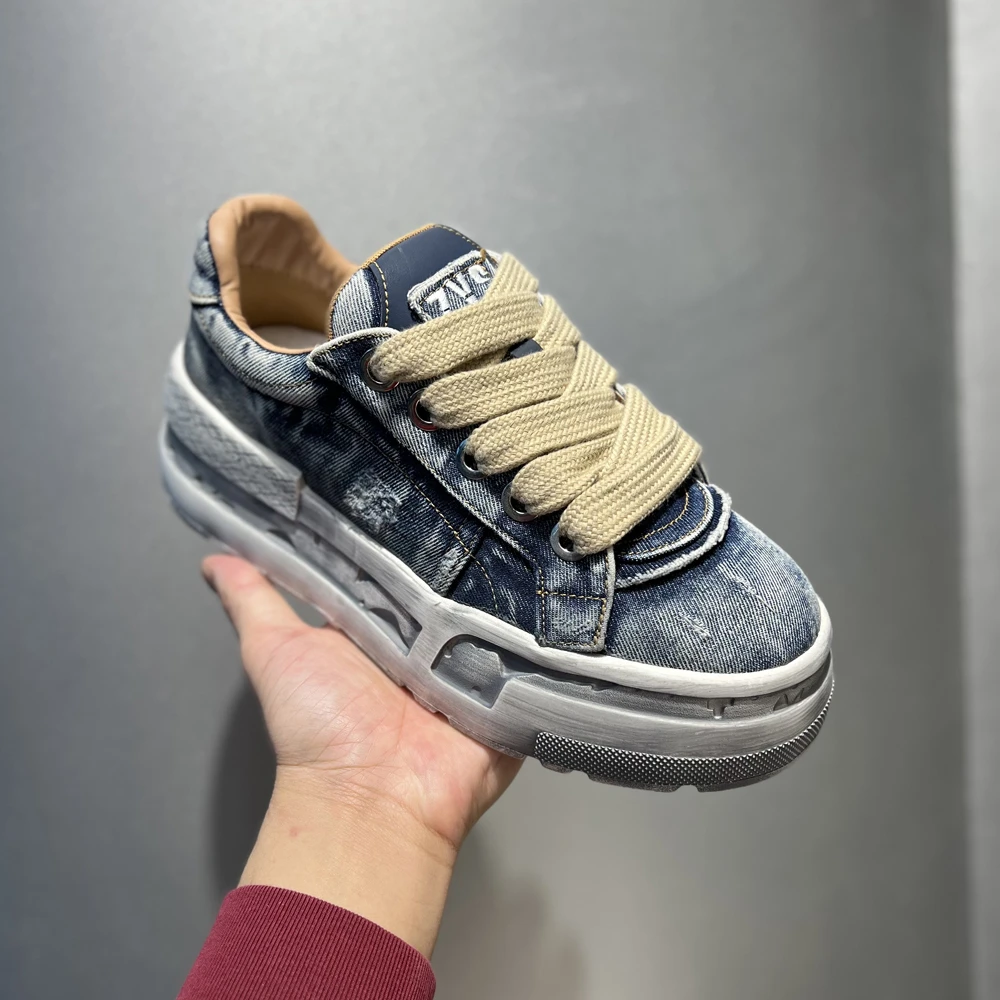 擦色做旧水洗牛仔厚底鞋2025新款时尚百搭软底舒适男士潮流休闲鞋