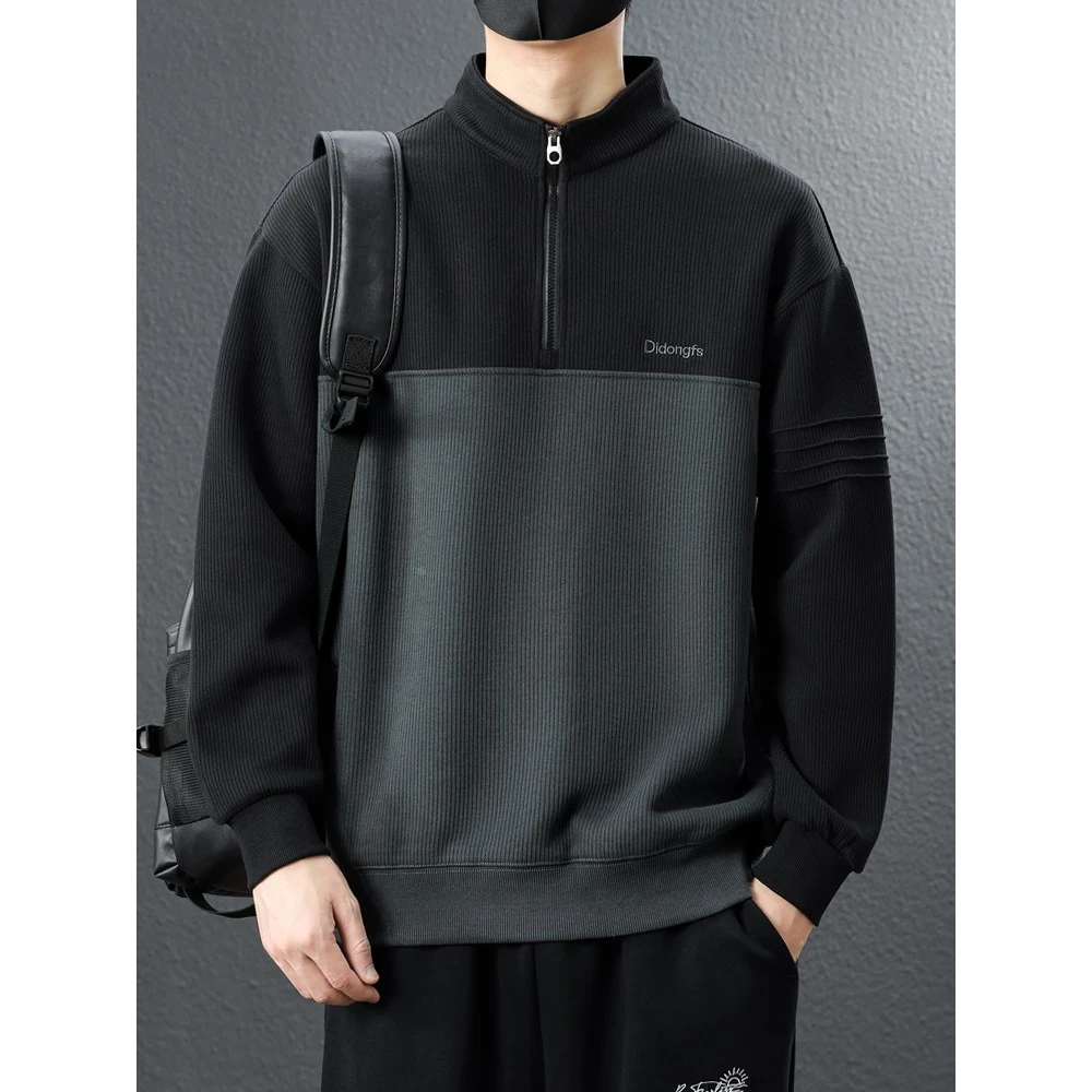 色块半拉链男子运动衫2025春秋季男士新款长袖下摆衬衫宽松休闲