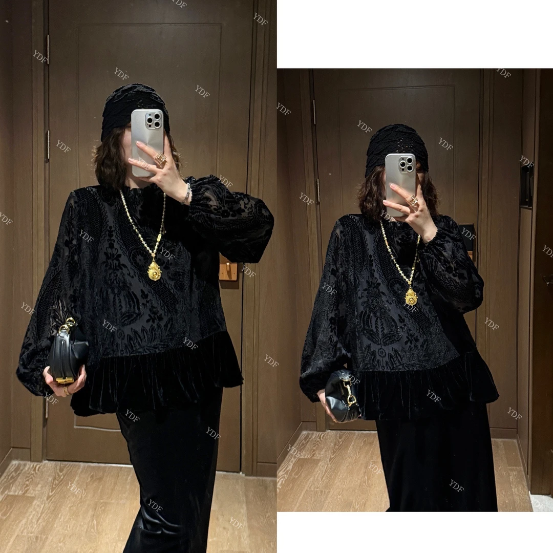 YDFSTUDIO小众【主题故事】欧货早秋高品丝绒烧花设计时尚百搭上衣