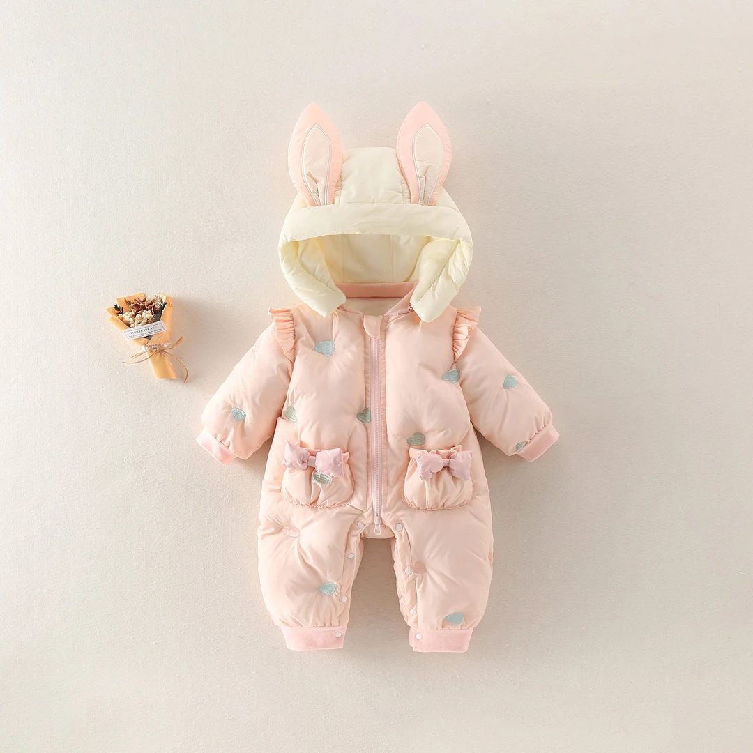 婴幼儿女宝宝冬季加绒加厚棉服连体衣小兔子可爱外出服帽子可拆