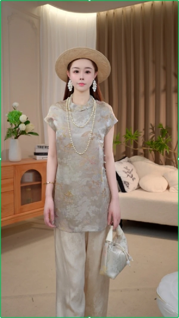 【烟雨楼台】新中式国风提花斜襟无袖奥黛上衣2025B5987-瑾玉