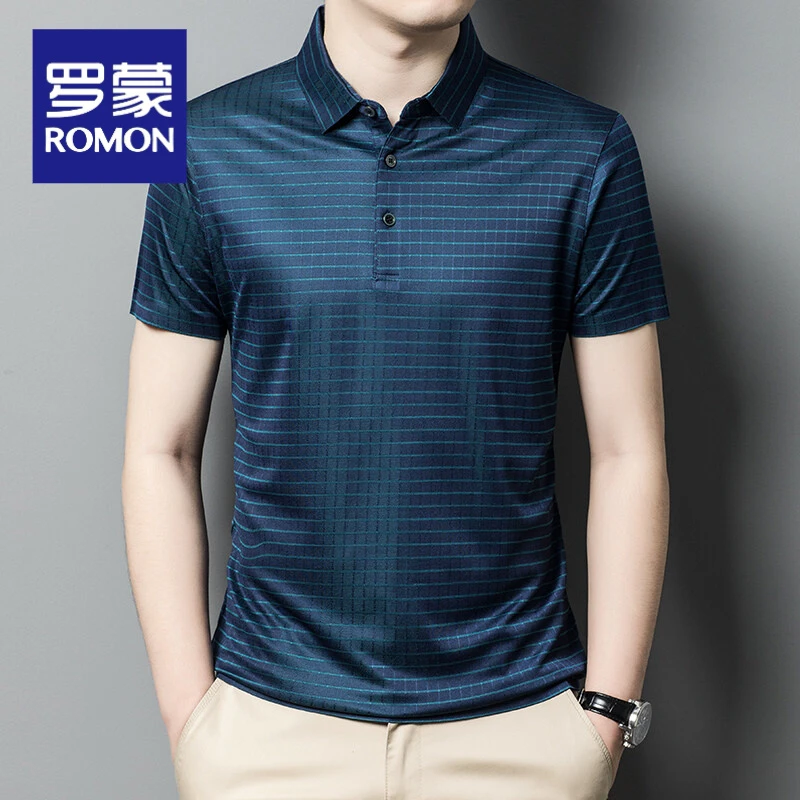 罗蒙桑蚕丝短袖T恤男士新款商务休闲夏季薄透气格子POLO衫