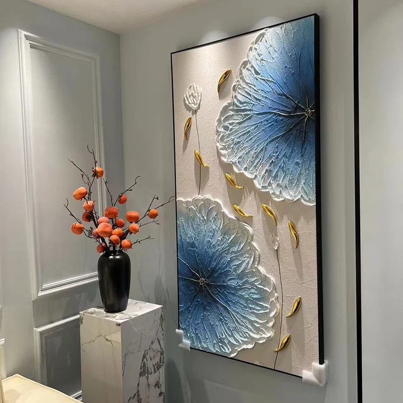 高档油画新中式简约立体荷花鱼装饰画玄关走廊过道挂画壁画80160