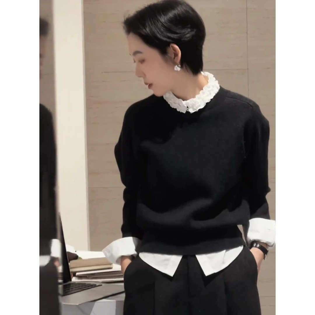 江奇怪裱花蛋糕领设计感简约短款衬衫黑色毛衣两件套百搭显瘦套装