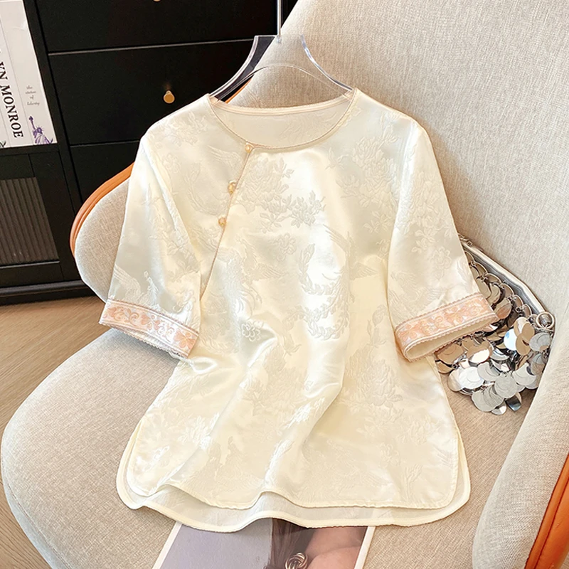 2025新中式国风上衣女夏改良缎面斜襟小衫古风提花T恤女夏中长款
