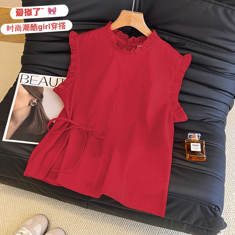 2025夏季时尚新款甜美木耳边无袖背心亚麻上衣女荷叶边衬衫上衣