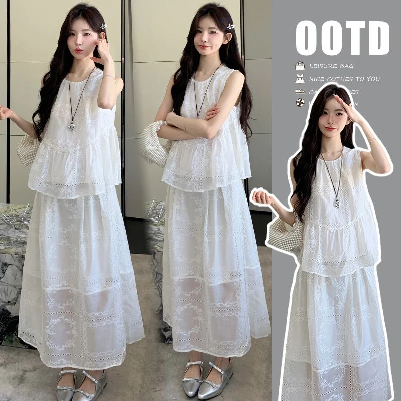 【枫丽】2025夏季新款孕妇时尚刺绣无袖娃娃衫上衣半身裙套装两件套