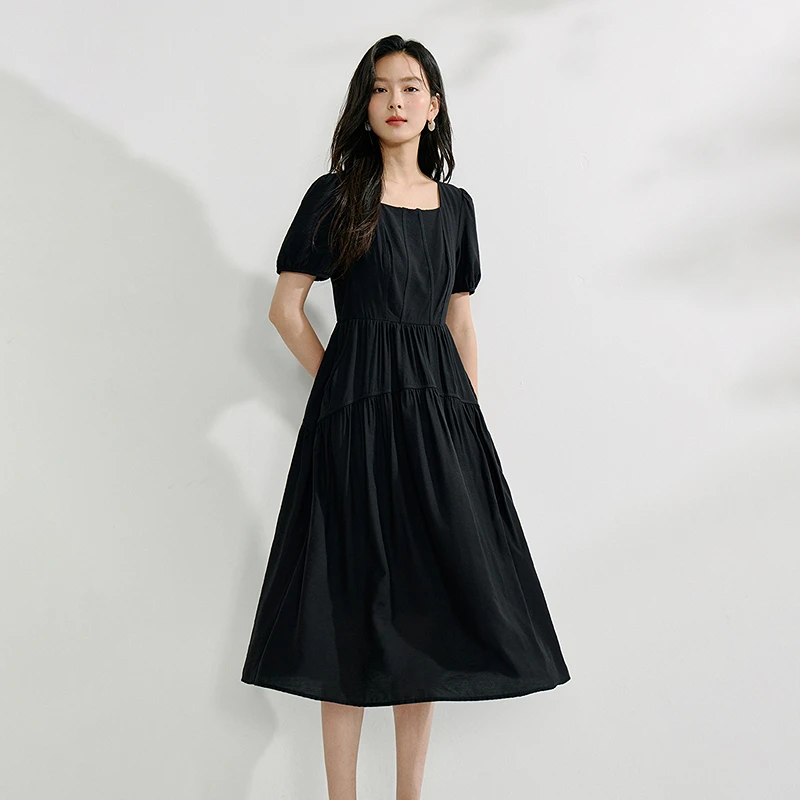 【一秒入夏】茵曼夏季简约方领分割收褶连衣裙女浪漫泡泡袖中长裙子