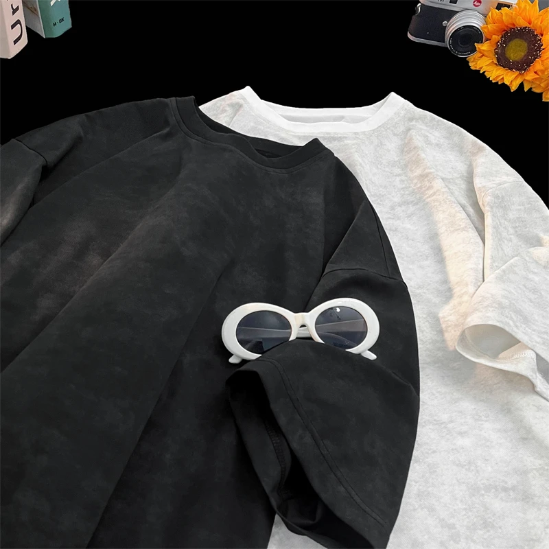 霄桂姿夏季新款冰丝扎染短袖T恤男青少年宽松休闲上衣五分袖体恤