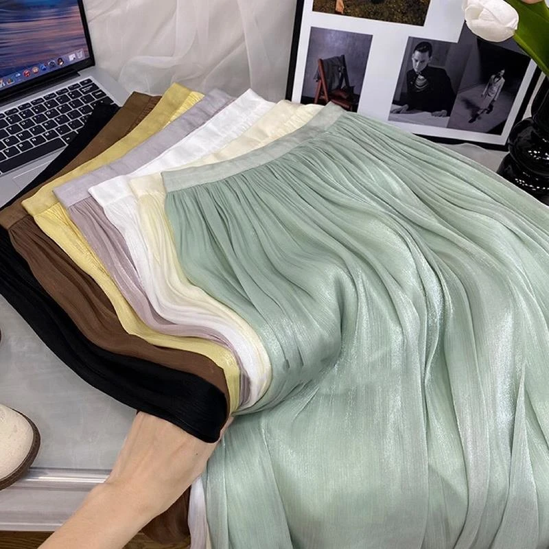 光泽感珠光流纱雪纺百褶皱网纱半身裙女夏小个子温柔中长款a字裙