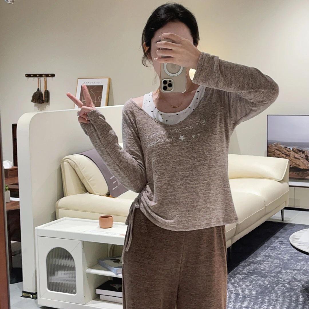 秋冬新款假两件薄绒长袖带杯垫睡衣气质可外穿舒适保暖女套装2670