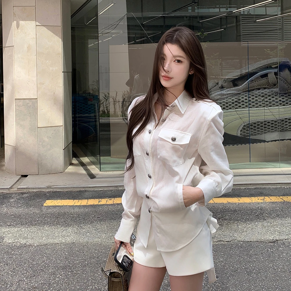 【亚麻韩女时分】气质腰带白色长袖休闲白衬衫上衣防晒宽松衬衫复古