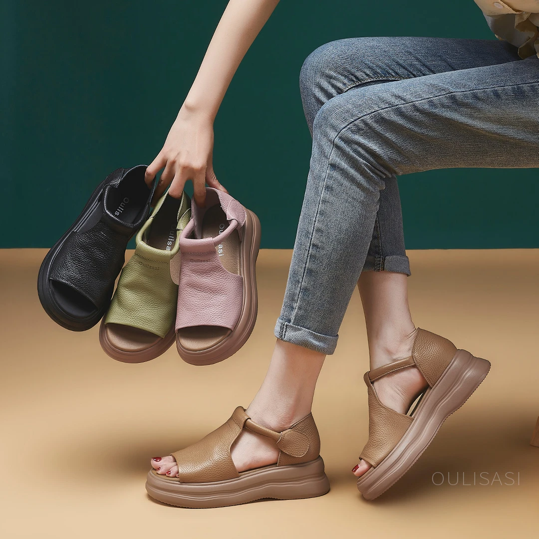 632 Oulisasi牛皮女凉鞋25新款厚底5公分鞋软底软面舒适百搭女鞋