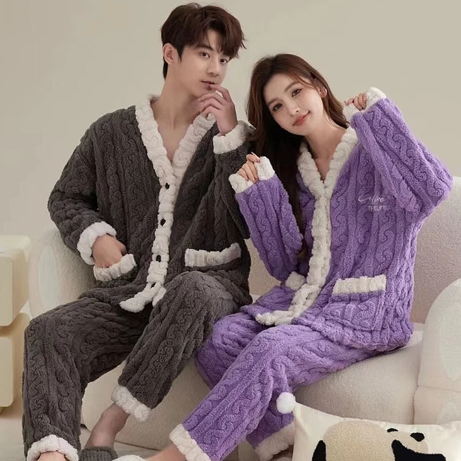 YY冬季睡衣女士加绒舒适保暖长袖休闲情侣套装毛绒家居服