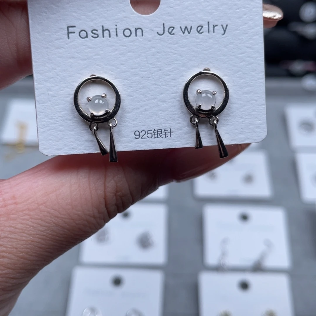 翡翠戒指银S925镶嵌耳钉