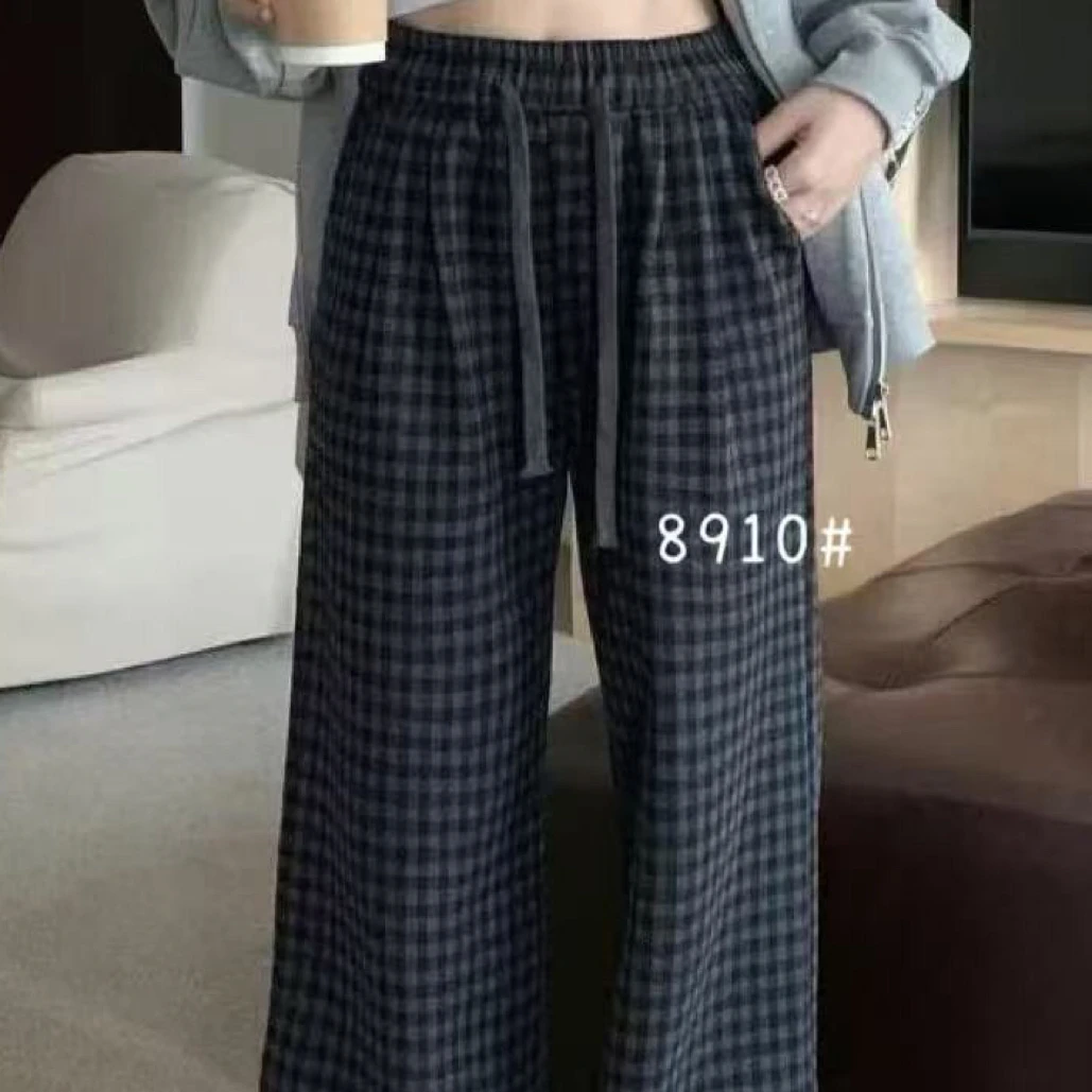 8910女士慵懒复古格子裤高腰显瘦垂感百搭休闲直筒裤裤子阔腿裤