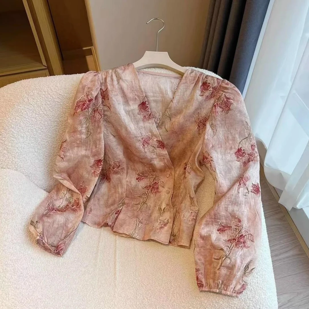 豆子推荐【卡布奇诺】春款褶皱收腰斜襟单排扣碎花小衫时尚法式衬衫