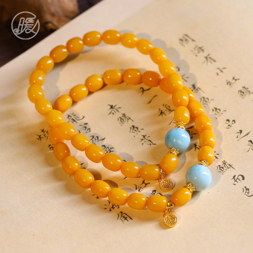 单圈蜜蜡枣珠手串搭配福牌海纹石路路通手链E6374多样性发一