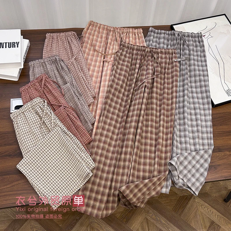 (衣兮慵懒风纯棉格纹家居裤)春秋复古格子休闲宽松薄款可外穿睡裤