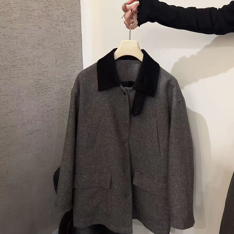 秋季新款宽松翻领单排扣毛呢大衣外套