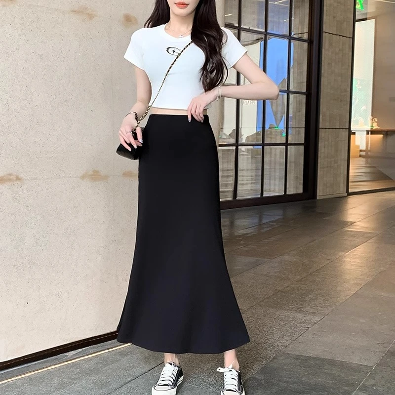 黑色垂感半身裙长裙女2025夏季中长款高腰A字裙修身显瘦半身裙子