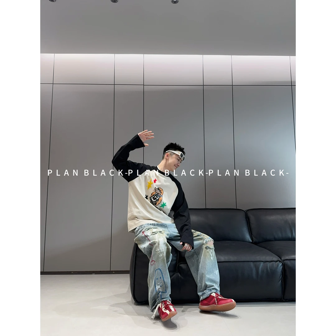 RICH陈发财【蛇蛇啦啦队】好上镜！插肩袖情侣抽象刺绣T恤6769