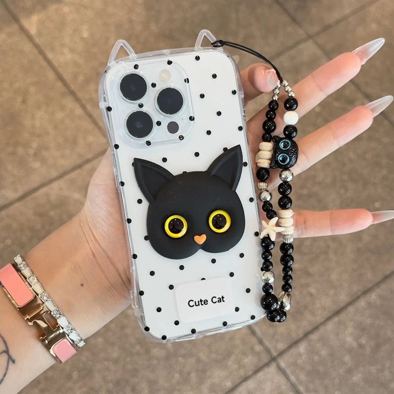 欧克里里ins立体大眼黑猫挂链适用iPhone16/15苹果14猫耳朵手机壳