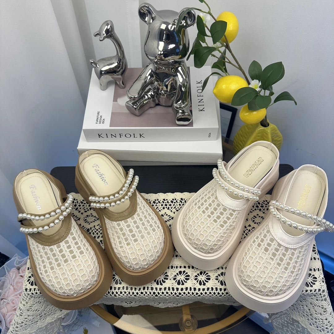 珍珠包头鞋2025春夏季外穿防滑百搭厚底镂空厚底女鞋拖鞋女鞋外穿