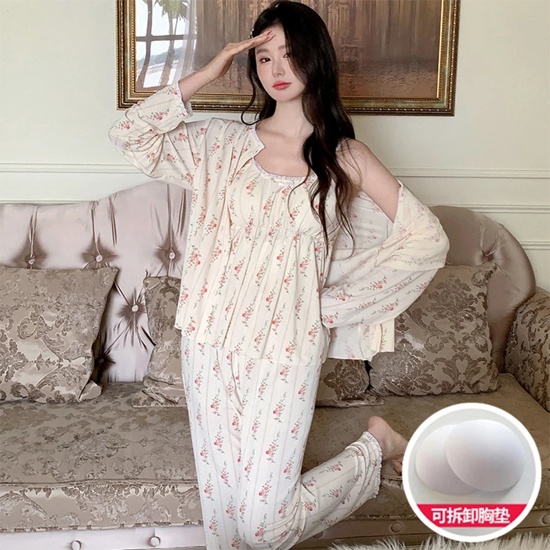 春夏新款冰丝罗纹吊带带杯垫三件套睡衣田园风可外穿长袖套装1904