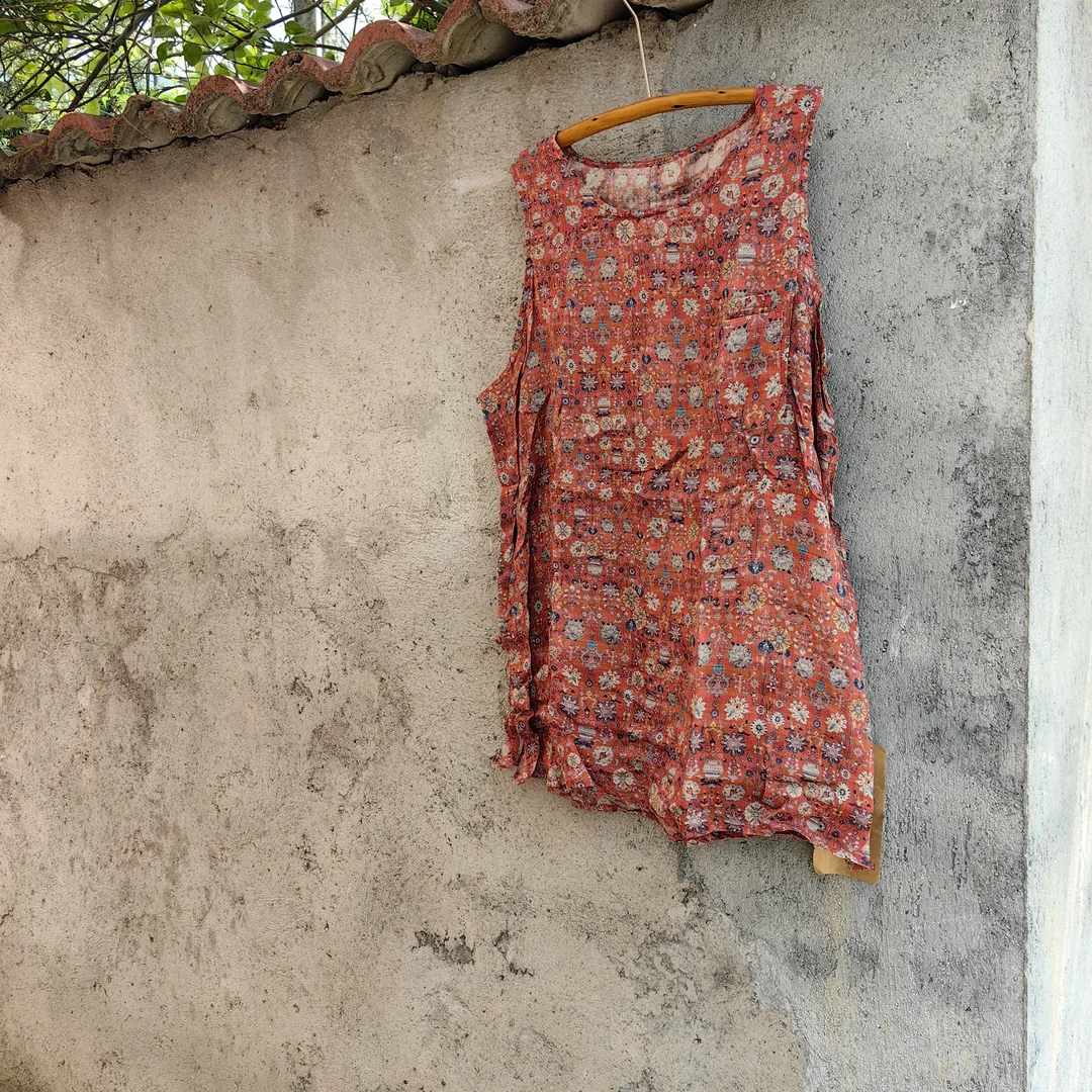 苎麻小碎花一中长款背心衣长78胸围122