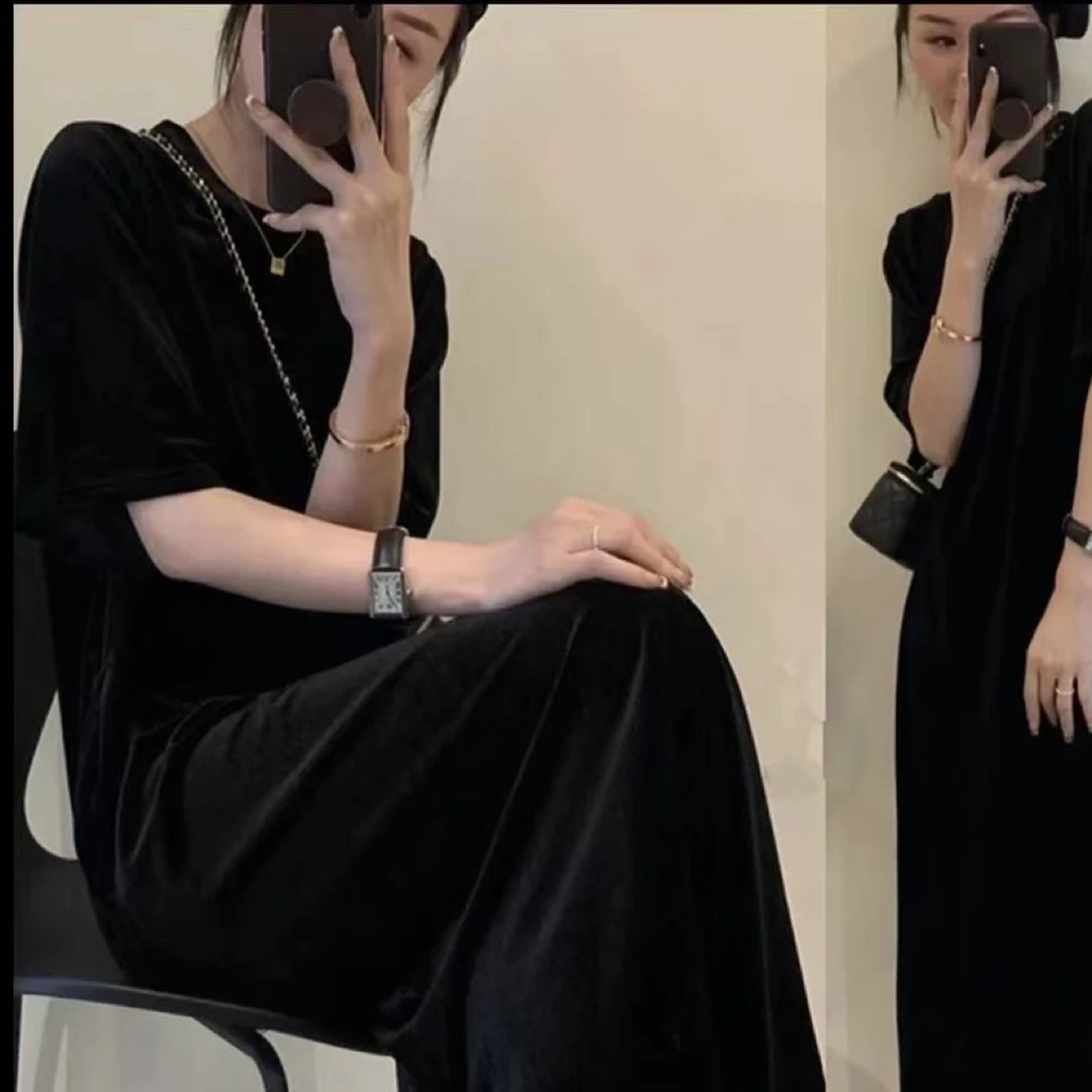 【李姑娘专属】81151韩版圆领丝绒开叉连衣裙