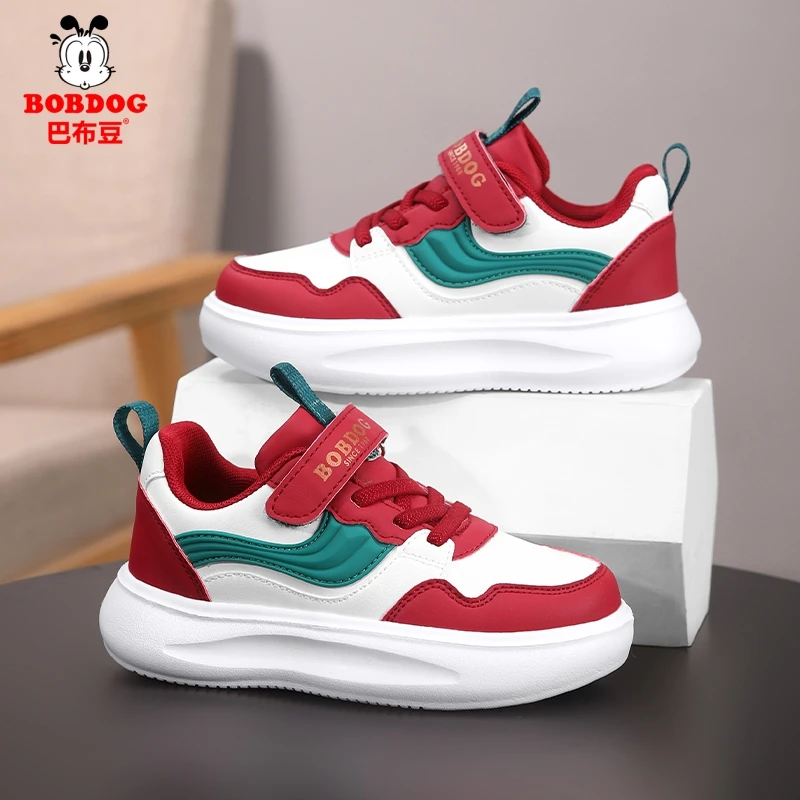 Bobdog/巴布豆皮面防水女运动鞋女童男童中大童鞋子撞色小白鞋