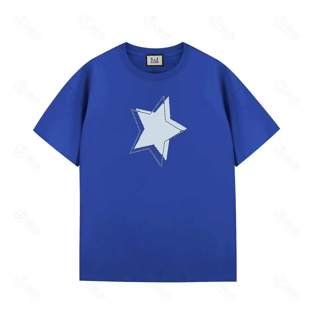 新款{双影五角星}ins高颜值老板娘气质款烫钻T恤宽松休闲夏季