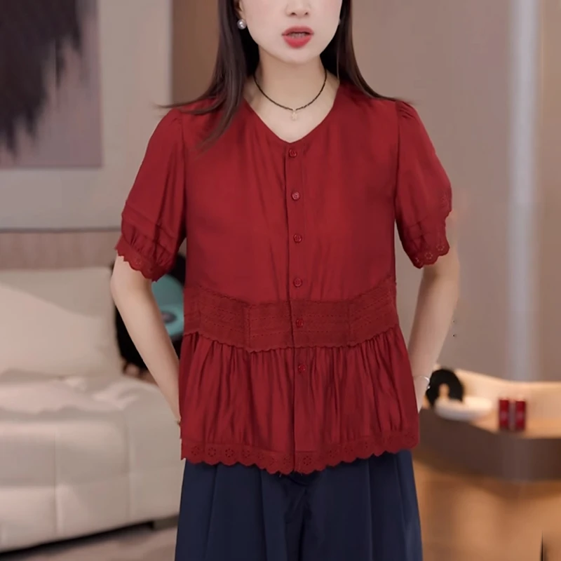 红色褶皱短袖衬衫女2025夏款宽松时尚显瘦减龄遮肚高级感休闲上衣