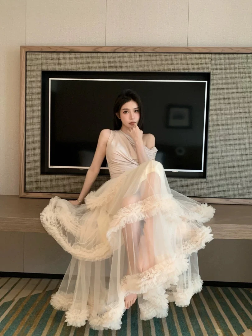 旋转华尔兹~华丽重工不规则层层拼接网纱蛋糕裙女超大摆公主纱裙