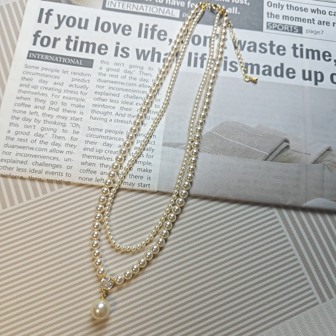铜合金仿珍珠项链 叠戴珍珠双链轻奢时尚气质