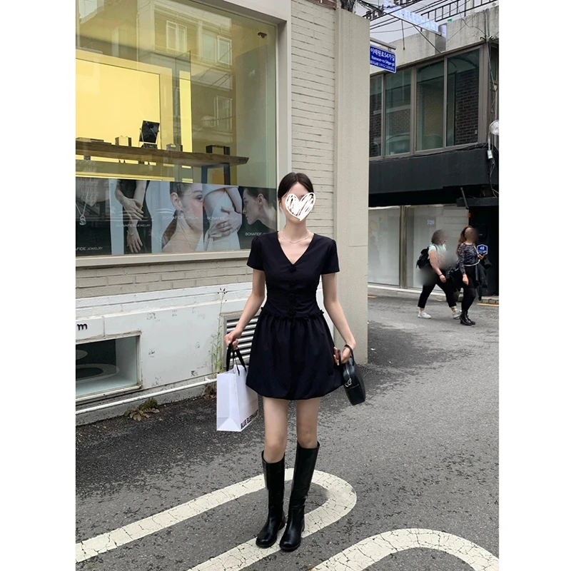 【巴黎玫瑰】小香风优雅立体花苞连衣裙夏季V领收腰短裙女