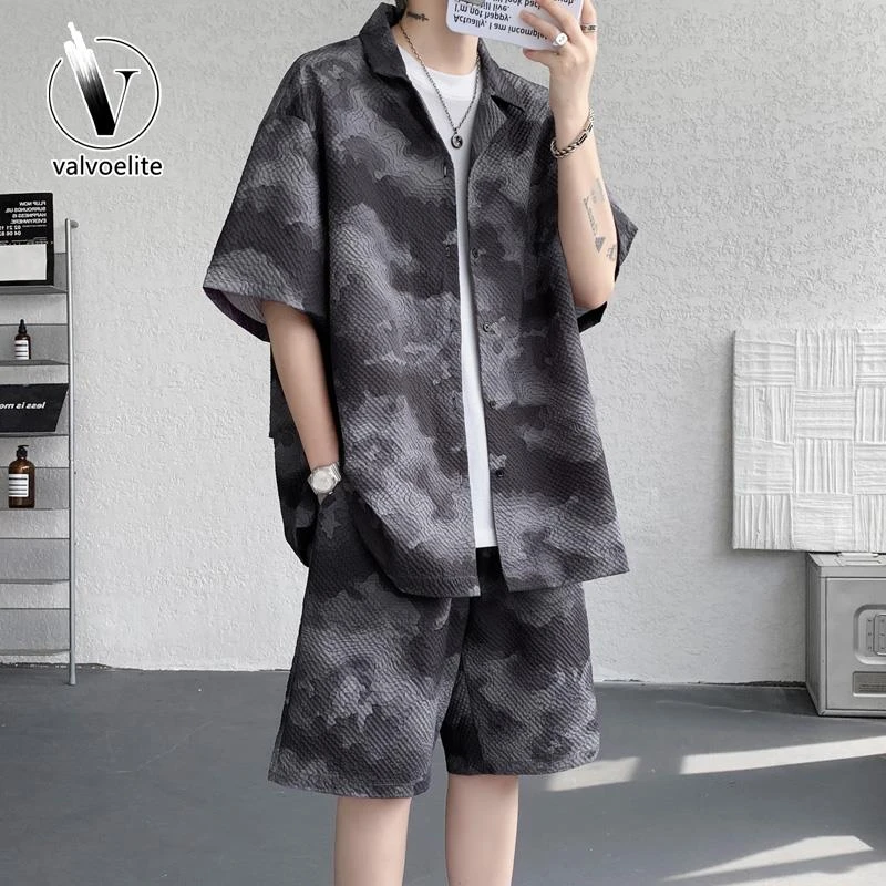 VALVOELITE短袖衬衫套装男士夏季潮牌撞色衬衣短裤时尚搭配一整套