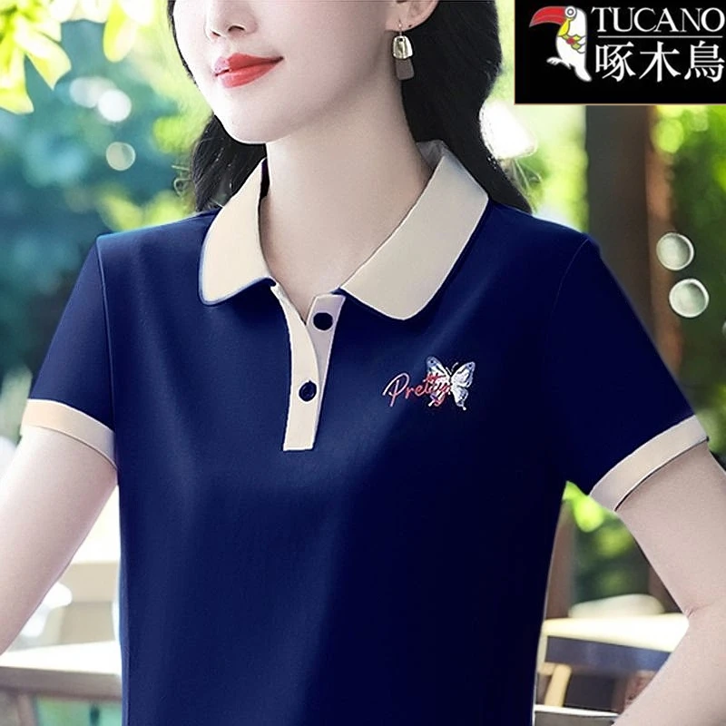 啄木鸟新款印花设计感翻领T恤女2025年夏季短袖休闲百搭减龄上衣