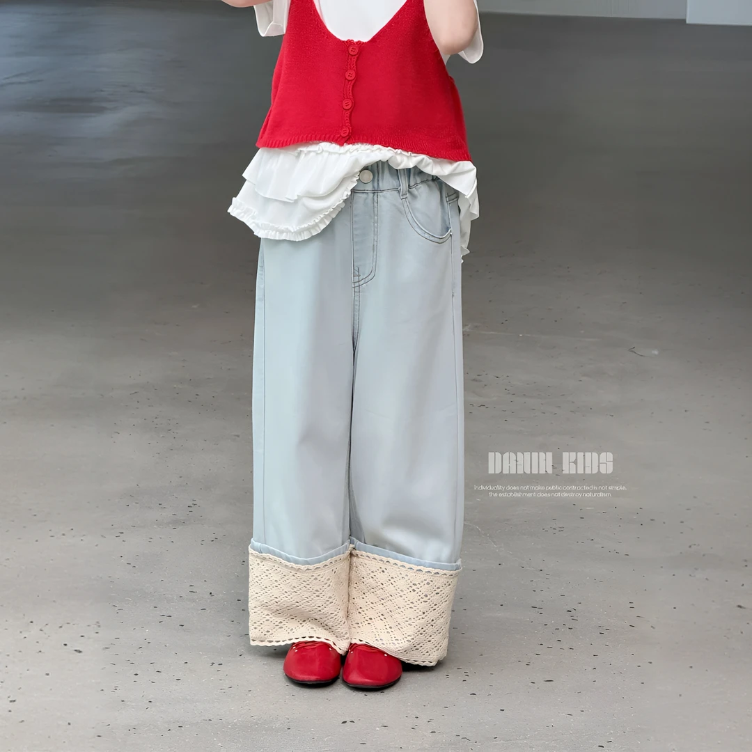 【嗒囜】莱赛尔天丝加蕾丝拼接！高定工艺 女童夏装宽松直筒牛仔裤