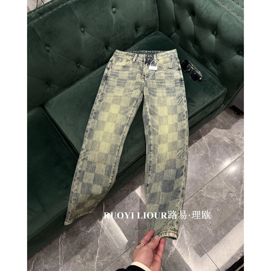 2025 春夏新品欧货潮流棋盘格休闲百搭小脚弹力牛仔裤0086