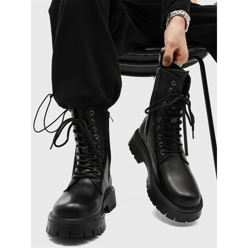 潮牌英伦风高帮工装机车靴男2025秋冬新款百搭时尚增高高筒马丁靴