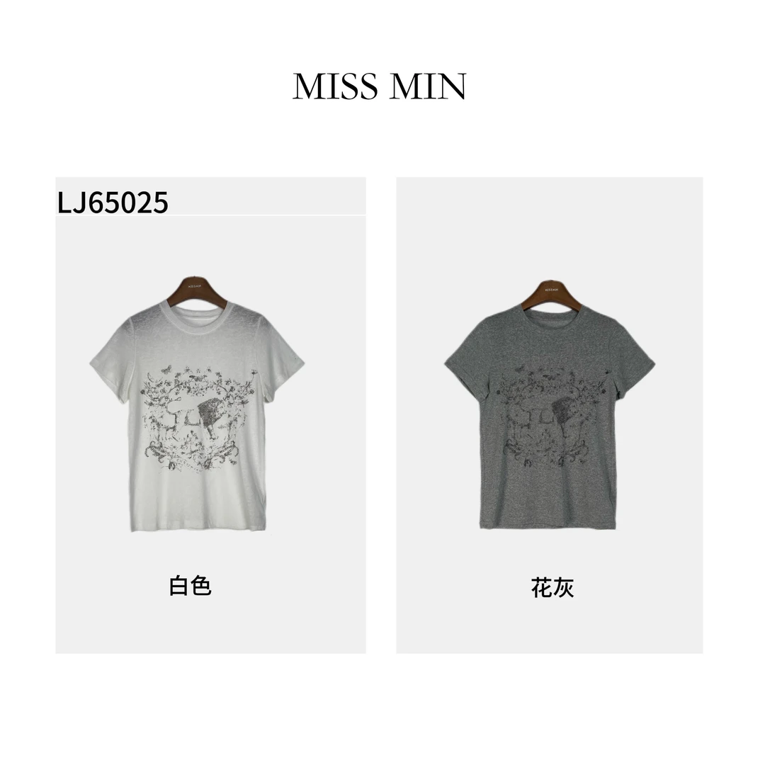 LJ65025设计感狮子正肩短袖T恤女短款甜辣美式复古上衣MISS MIN