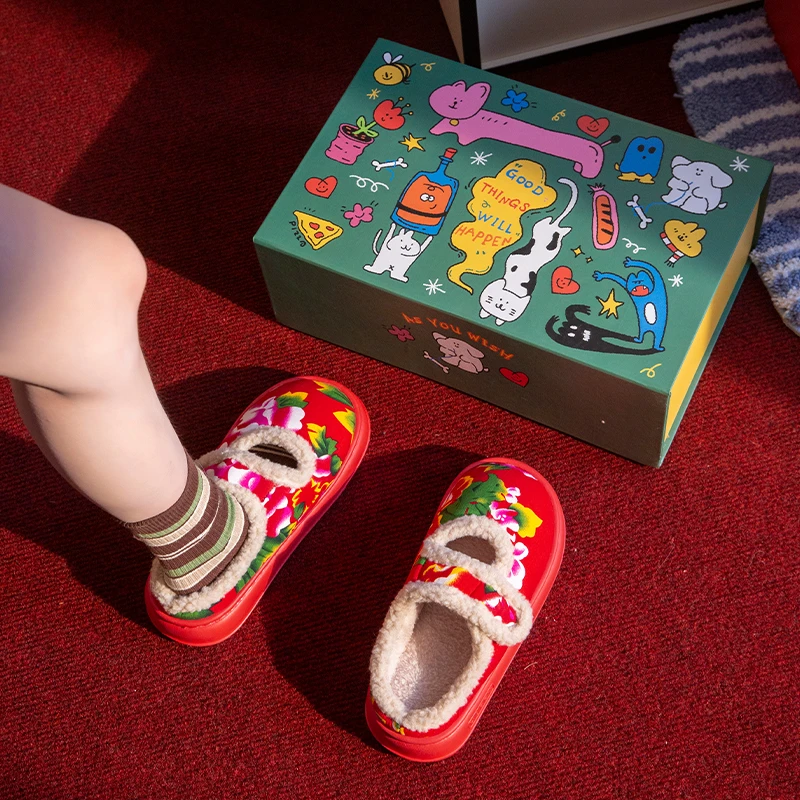 中国风棉拖女款2025冬季新款居家户外休闲百搭厚底东北大花棉鞋男