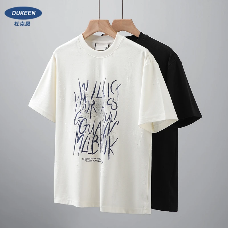 杜克恩重磅白色印花T恤男短袖夏季美式复古涂鸦做旧正肩体恤情侣