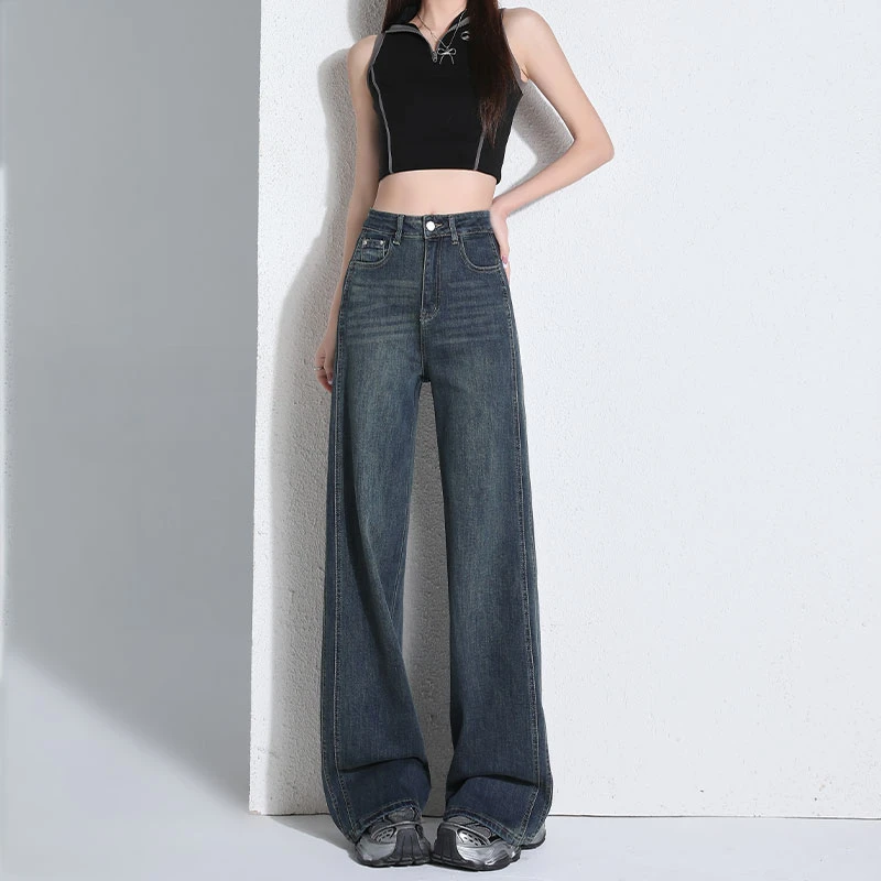 美式复古窄版阔腿牛仔裤女2025夏季新款高腰显瘦垂感直筒裤子百搭