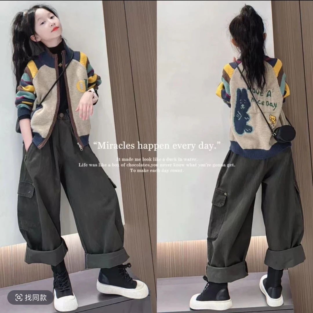 女童卫衣外套秋装套装新款儿童针织开衫洋气大童衣服慵懒风工装裤