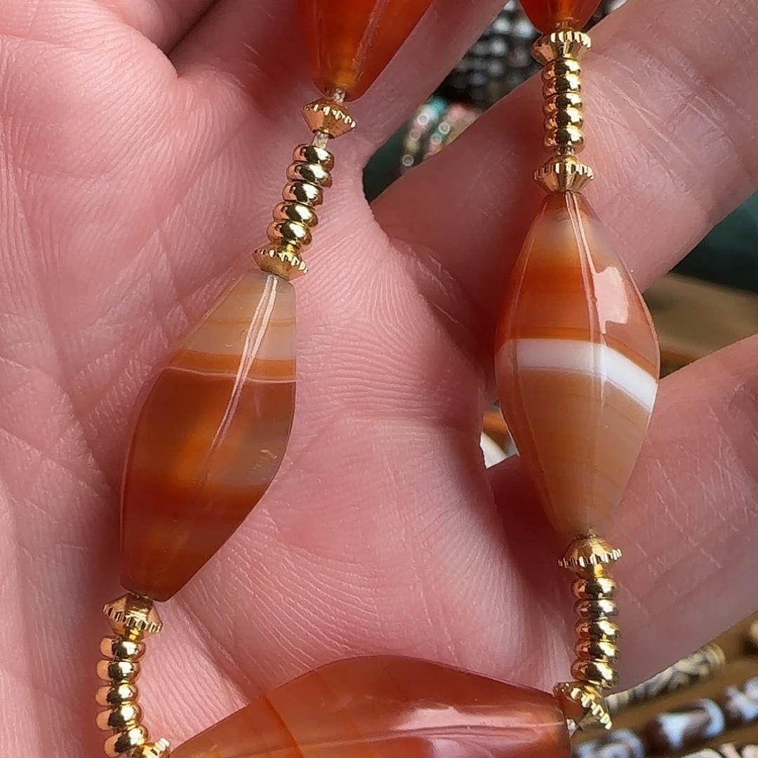 玛瑙/玉髓合金颈饰三文鱼橄榄珠手绳 颗颗特殊漂亮