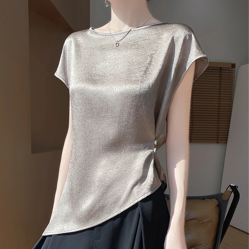 夏季高级松弛感气质设计衬衫精致不规则无袖亮面T恤法式收腰上衣