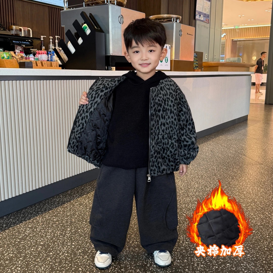 男童冬款加厚套装2025新款秋冬季韩范痞帅儿童男宝加厚豹纹三件套